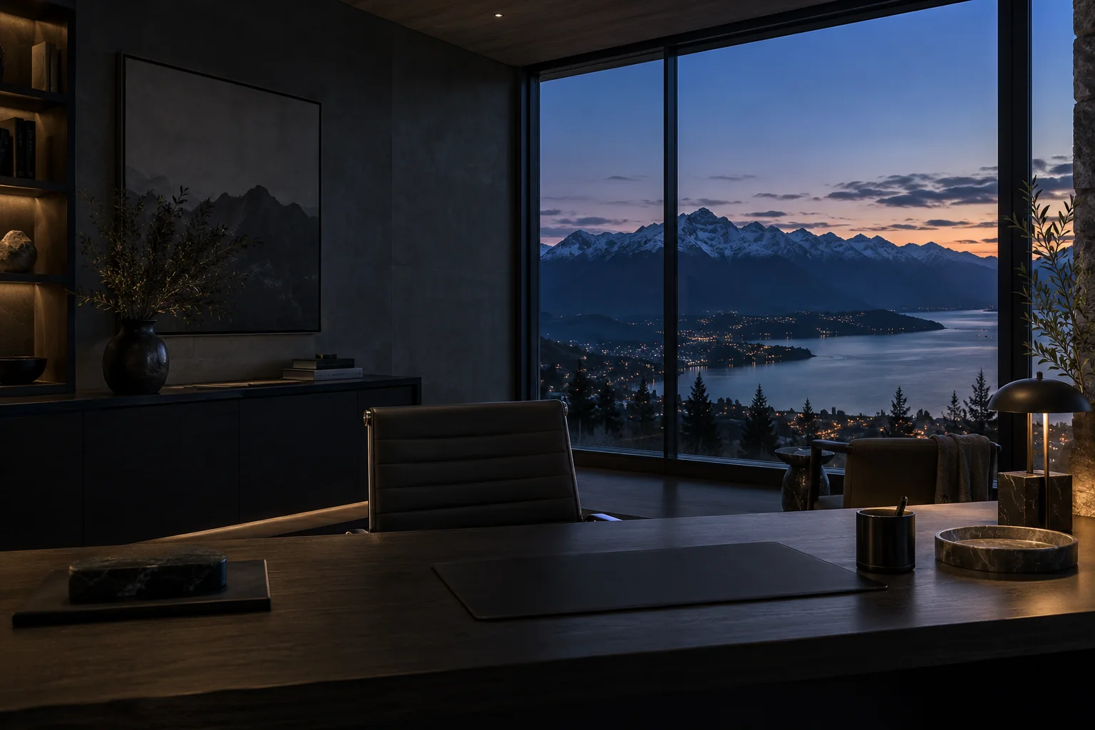 The studio desk at dusk